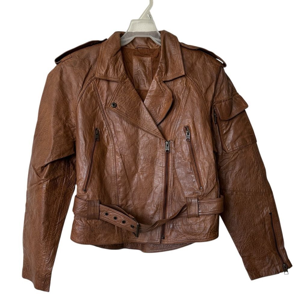 ZASTA Crinkled Leather bomber Jacket Sz M brown buckle strap
